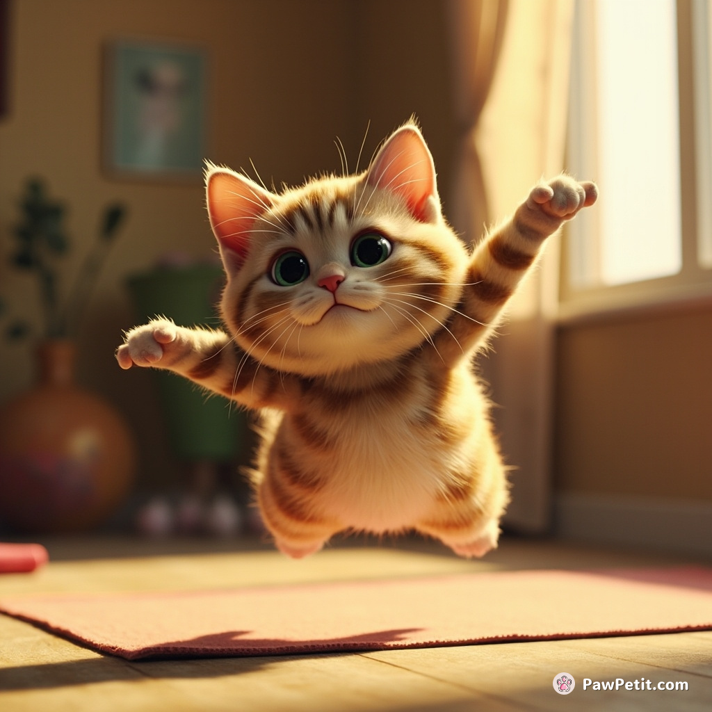 Cat mistakes a yoga class for a battle, launching into a mid-air pounce mid downward dog.