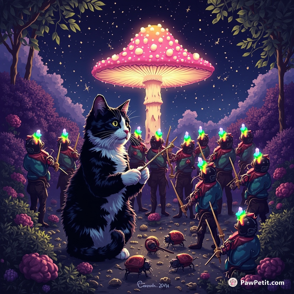 A tuxedo cat conducting an orchestra of rainbow beetles under a phosphorescent mushroom canopy.
