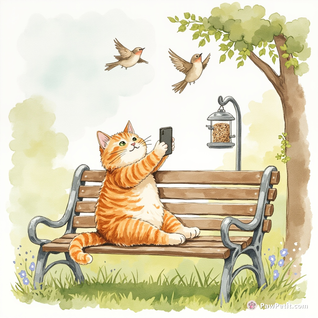 Cat mischievously swipes smartphone, snaps selfie on park bench, ignoring frustrated birds awaiting stolen space in bird feeder saga.