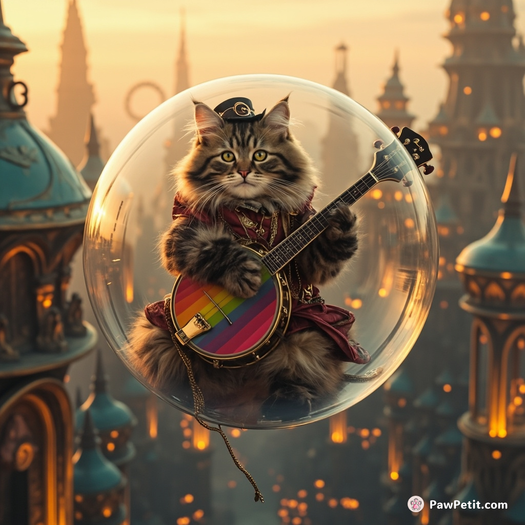 Steampunk cat playing a rainbow banjo inside a bubble floating over an alien city at dusk.