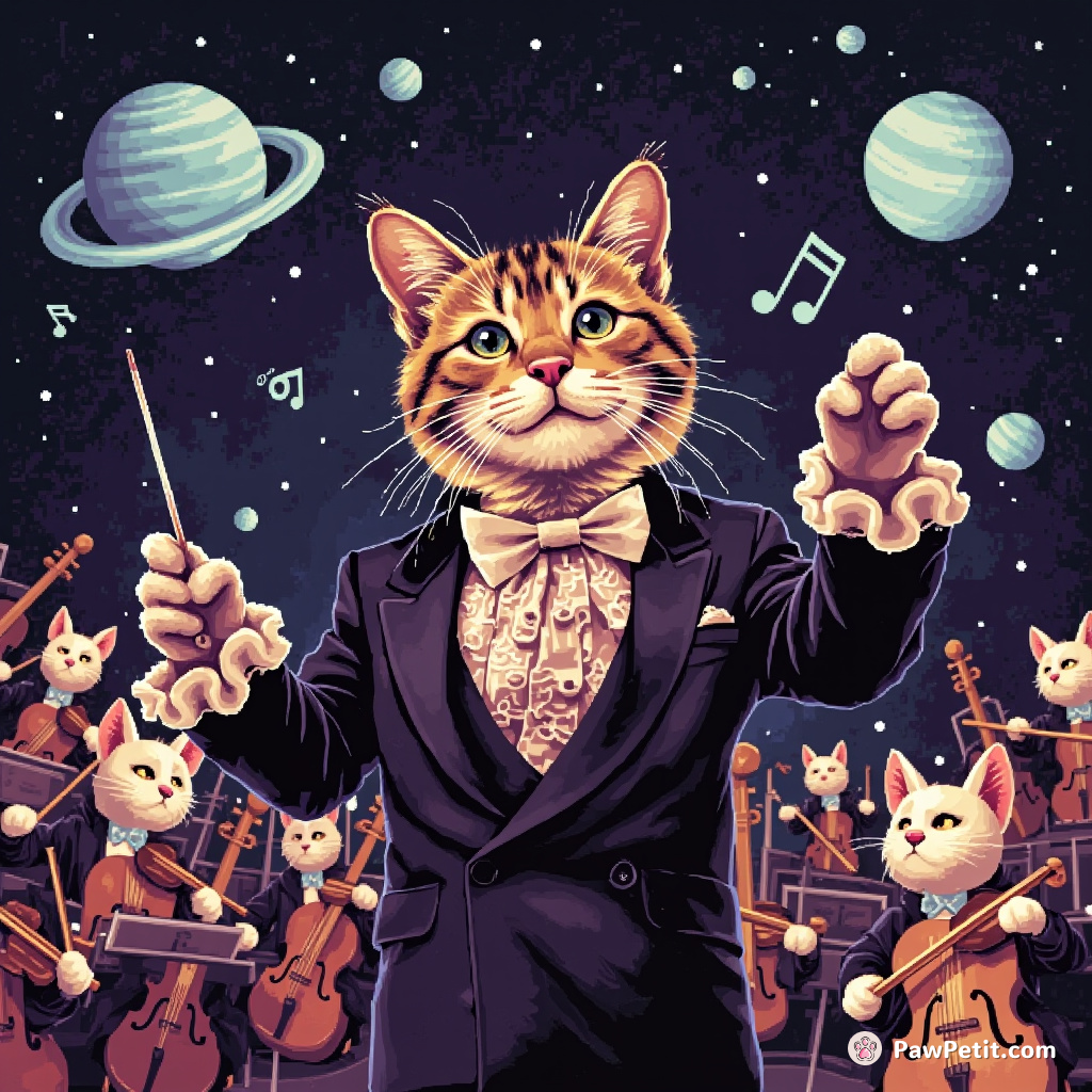 A celebrated cat conductor wearing a frilly tuxedo, directing a meow-themed orchestra on Jupiter with moons as musical notes.