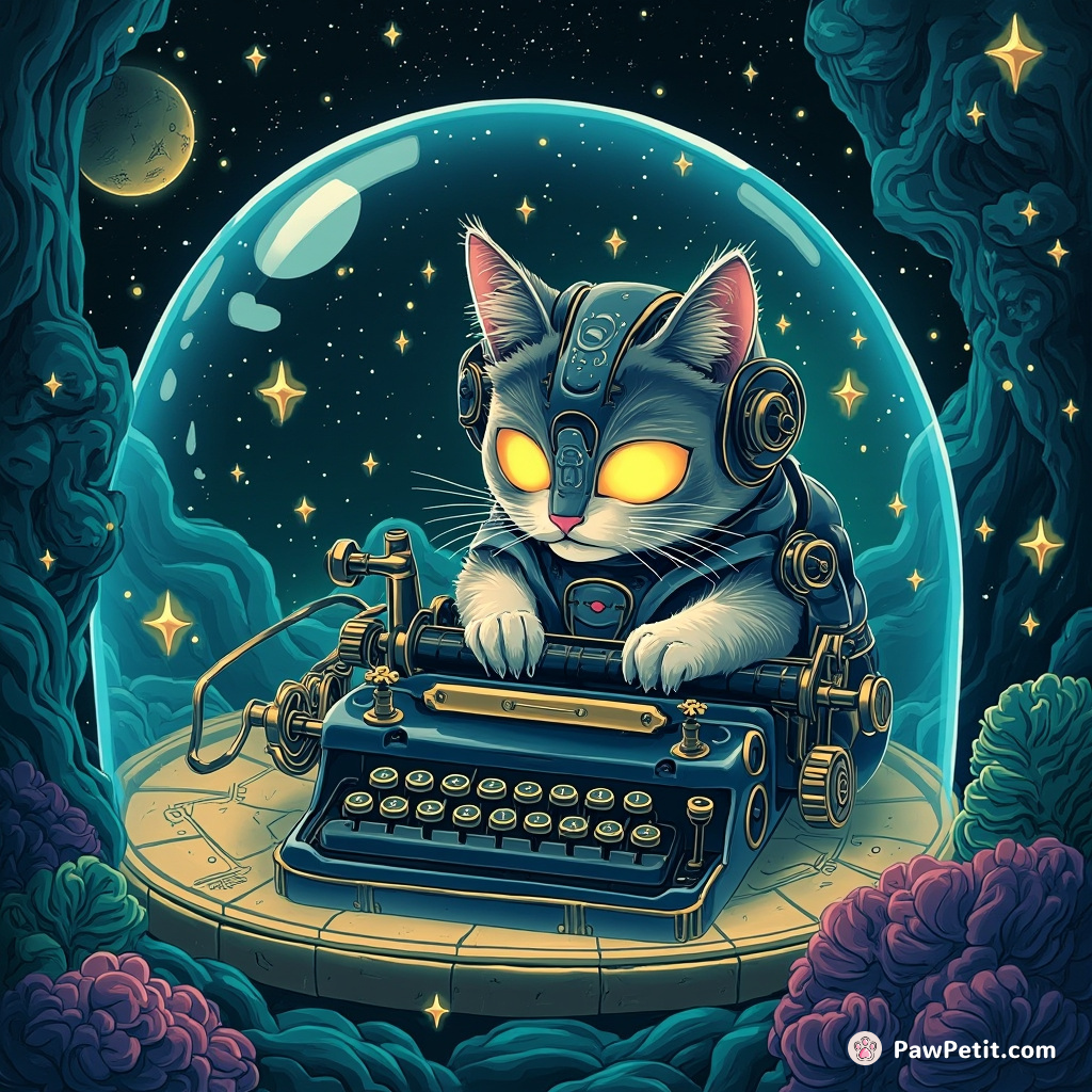 Cybernetic cat typing furiously on a steampunk typewriter in an undersea dome filled with space constellations.
