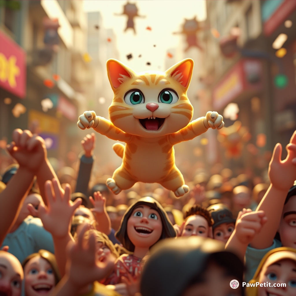 In the midst of chaos, the cat seamlessly leaps over numerous advancing bodies seeking refuge in a growing crowd.