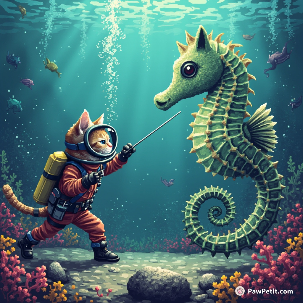 Cat, wearing scuba gear, engaged in a fencing match underwater with a giant seahorse.