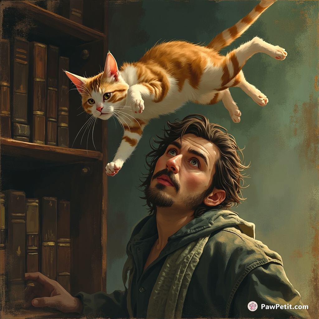 Sneaky cat leaps from bookshelf, lands gracefully on unsuspecting human's shoulder.