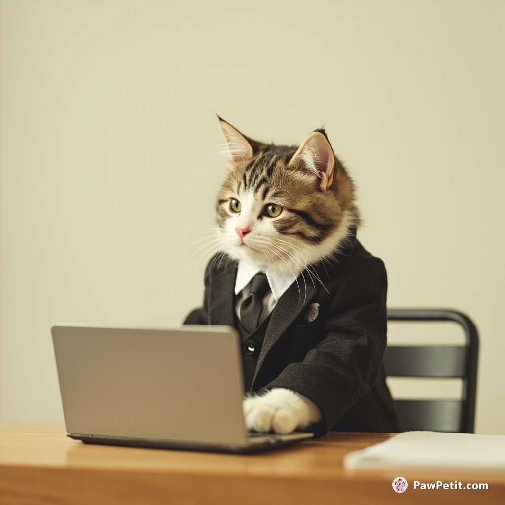 The cat, wearing a tiny suit, earnestly sits at a desk typing on a toy laptop with its paws.