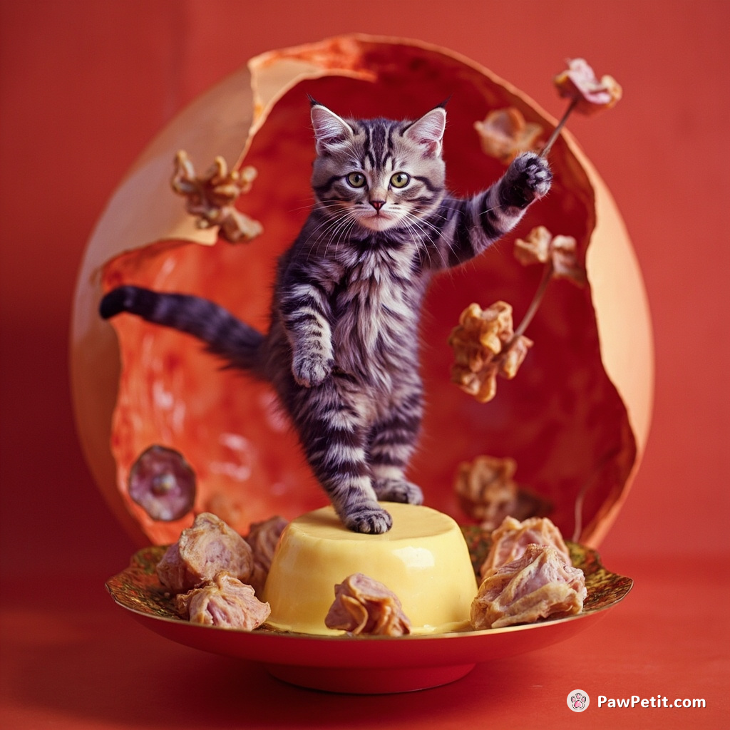 A purple striped cat dancing flamenco on a floating butter dish, surrounded by singing hams inside an abstract geometric scarlet egg.