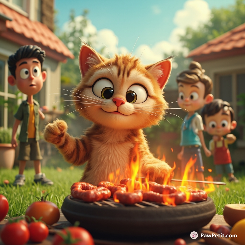Amidst backyard chaos, whiskers twitching, the cat triumphantly primed a sizzling barbecue with fascinated neighbours watching in bewilderment.