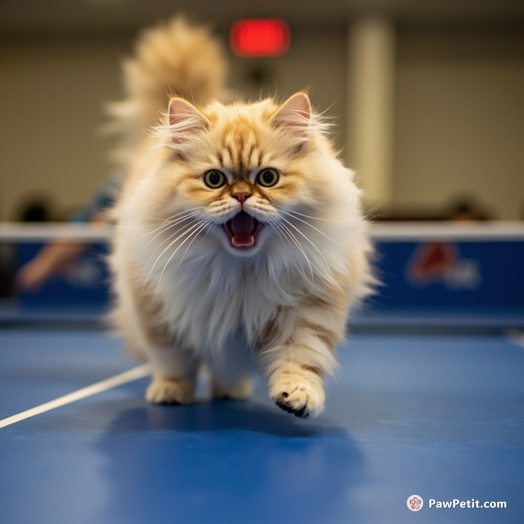 The cat, abruptly activated by sudden fright, sped across the ping-pong hall, dashing through and disrupting ongoing games.