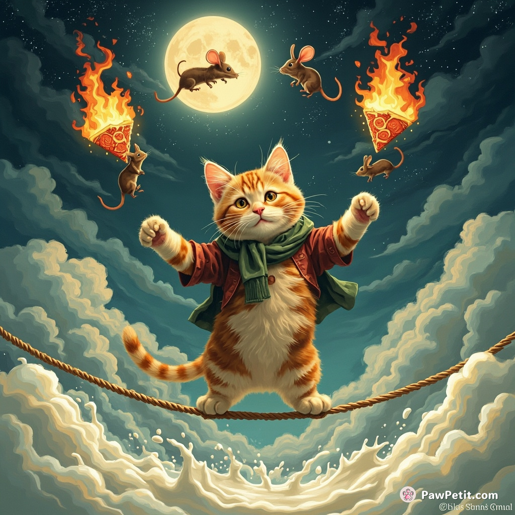 A cat juggling flaming mice on a tightrope over an ocean of milk under moonlit pepperoni pizza clouds.