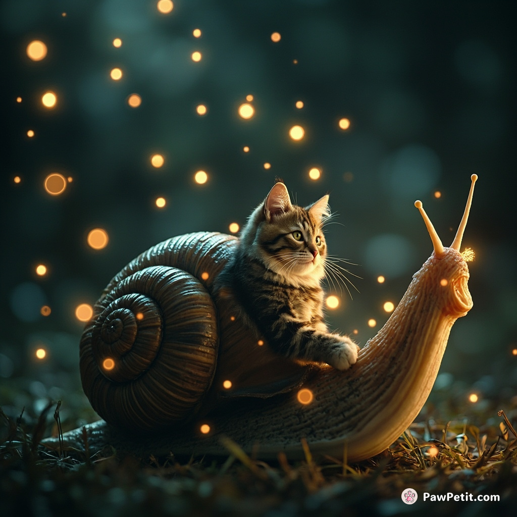 Cat conducting a symphony of fireflies on a giant snail's shell.