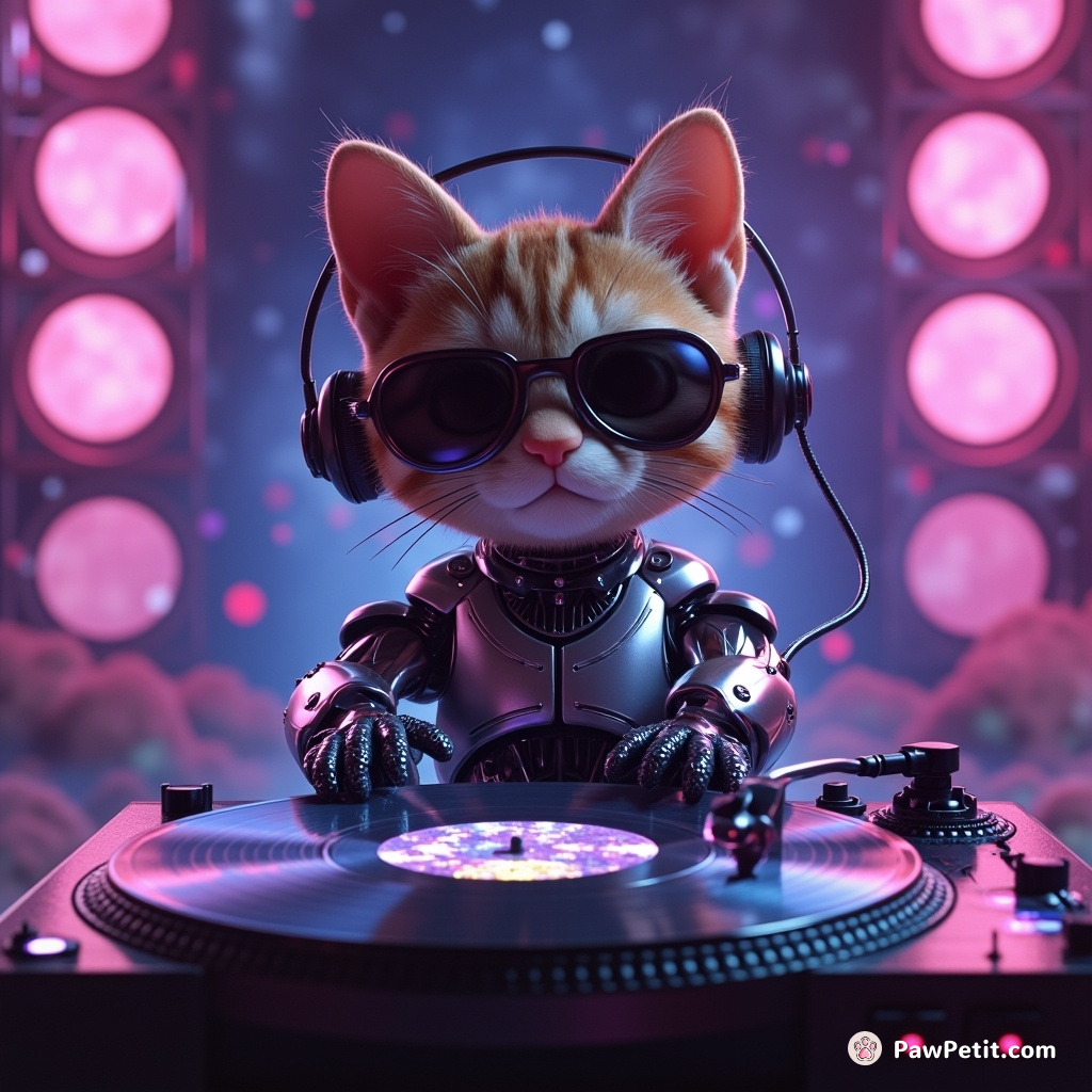 Cybernetic cat DJ spinning galaxy-sized vinyl records in a cosmic disco.