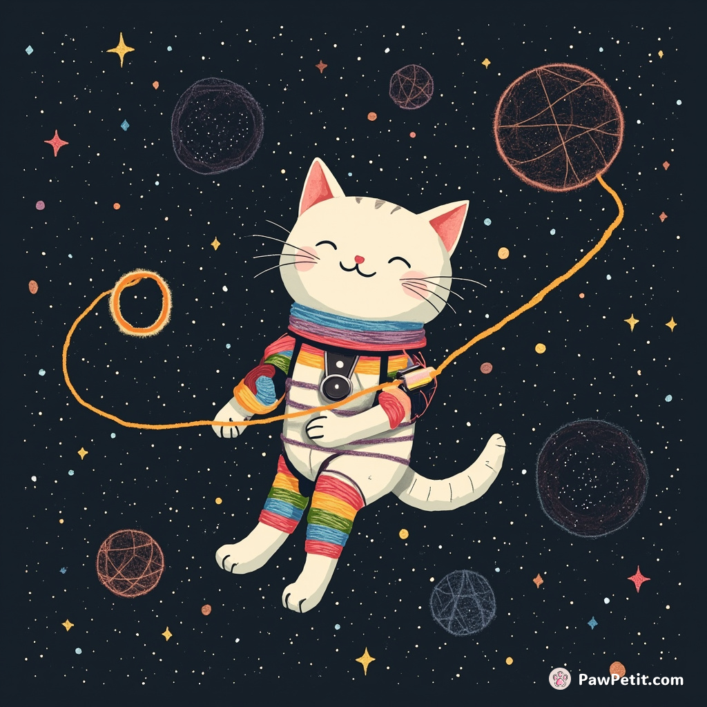 Cyborg cat constructing a galaxy using rainbow-colored yarn in zero gravity space.