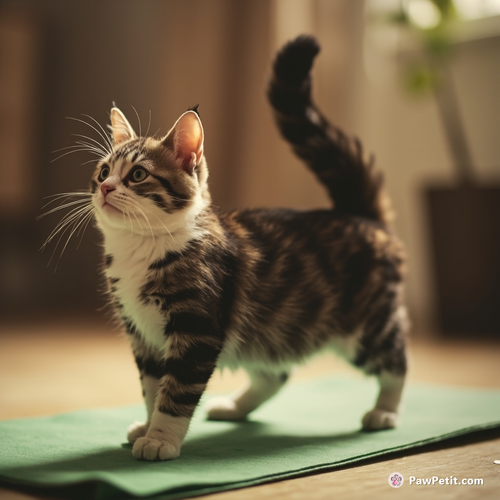 Cat attempts yoga, hilariously ends up chasing own tail mid-tree pose, knocking over instructor's mat.