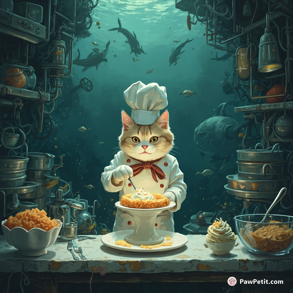 A cat perfecting a soufflé as the head chef in a bustling submarine kitchen deep under the ocean.