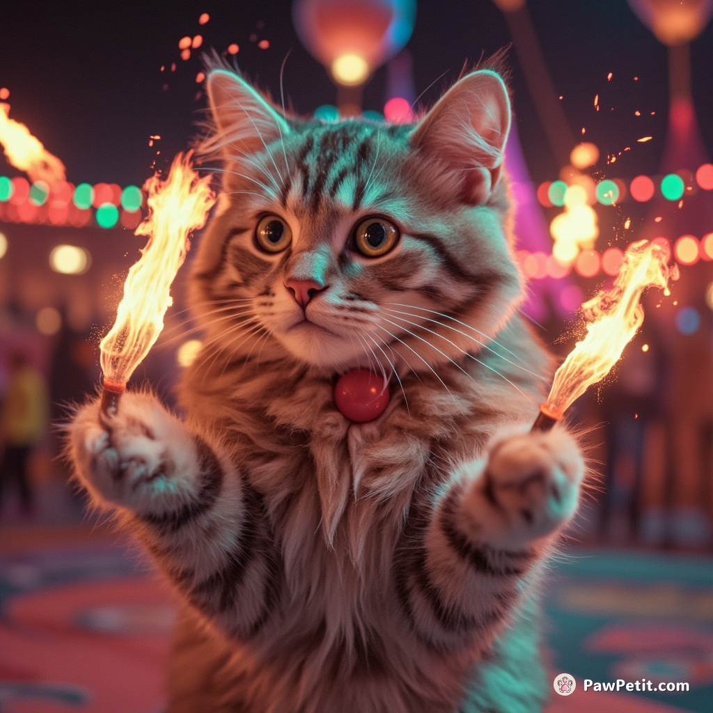 A cat juggling multicolored fireballs at a Martian circus.