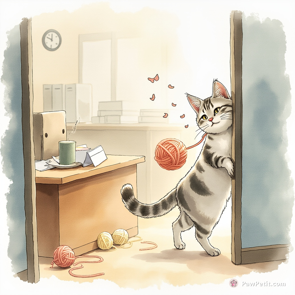 Cat strolls into work upright, tail-tie swishing, purring coffee orders, hilariously overriding boss’s meeting with enthusiastic yarn pouncing.