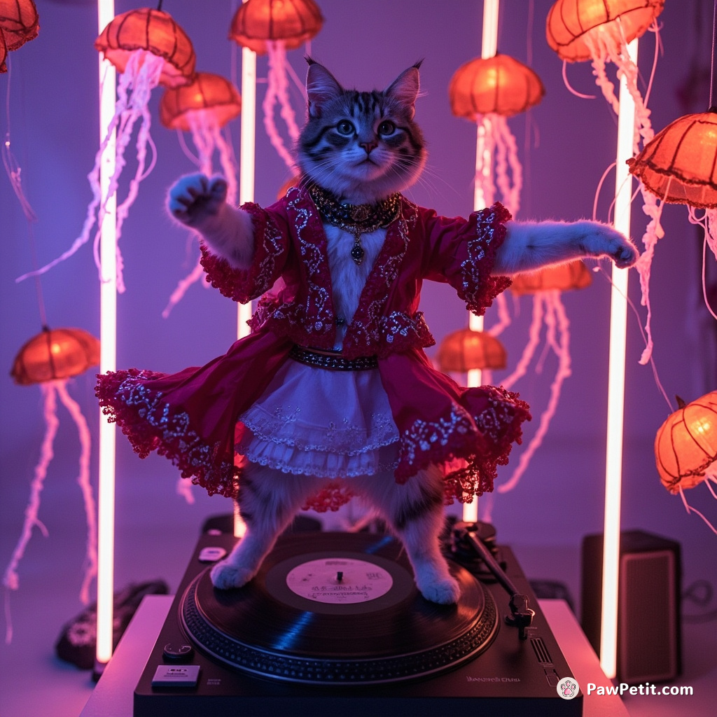A flamenco dancing cat atop a record player revolving amidst swinging jellyfish lanterns.