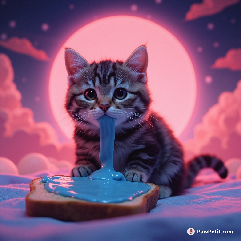 A tabby cat nonchalantly spreading blue jelly on a moon-cheese toast under burning pink skies.