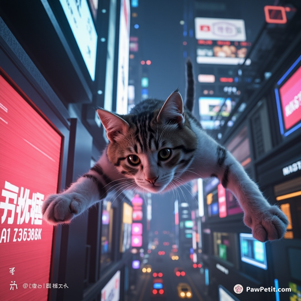 A nimble cat leaps from skyscraper to neon billboard, hacking the city's AI grid with a swipe of its paw.