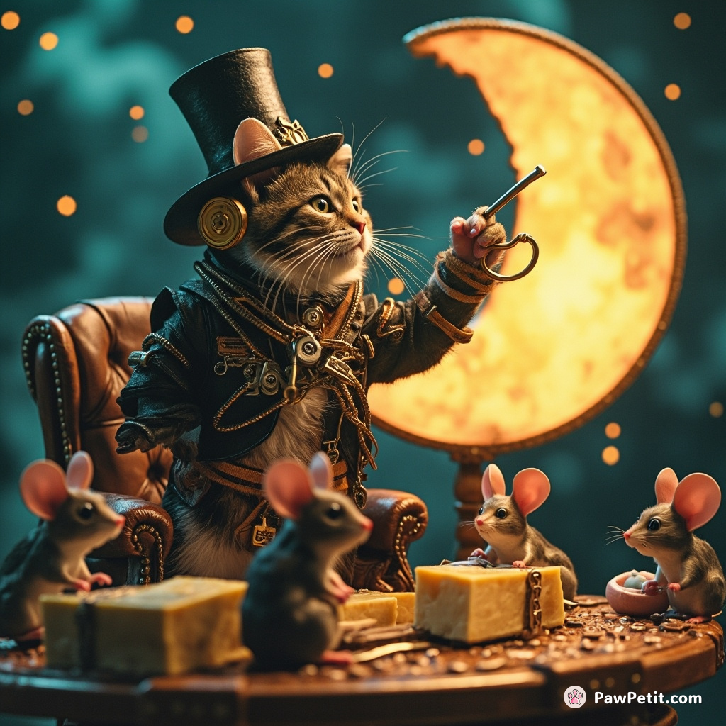 Steampunk cat addressing a mouse parliament on a giant cheese moon.