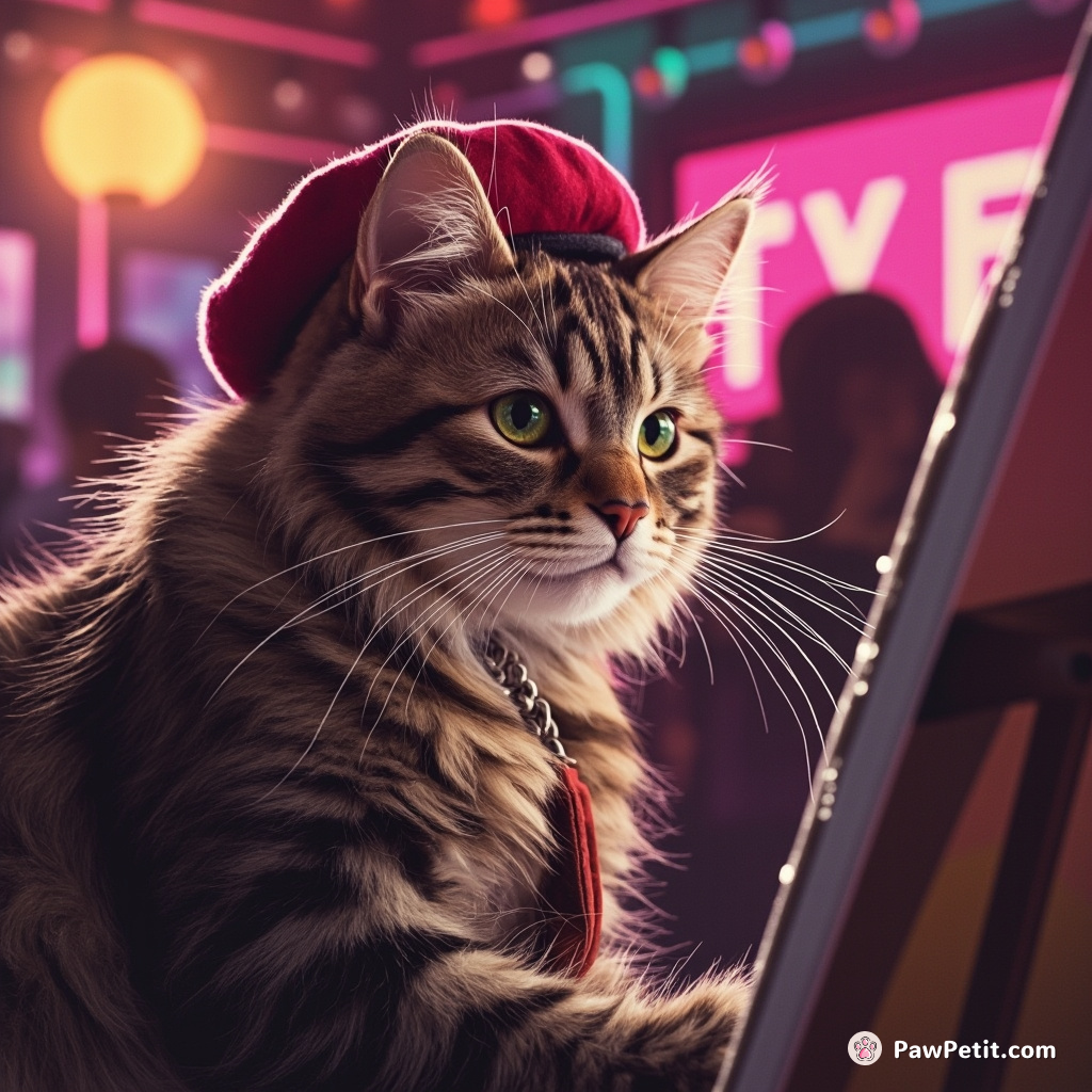 Cat eating raspberry beret while painting self-portrait in a retro 70s disco club.