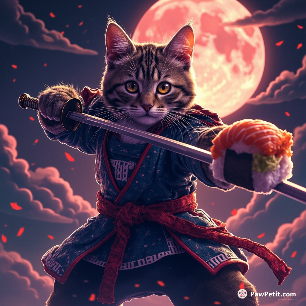 A samurai cat holding a sushi roll like it's a sword under a neon moon.