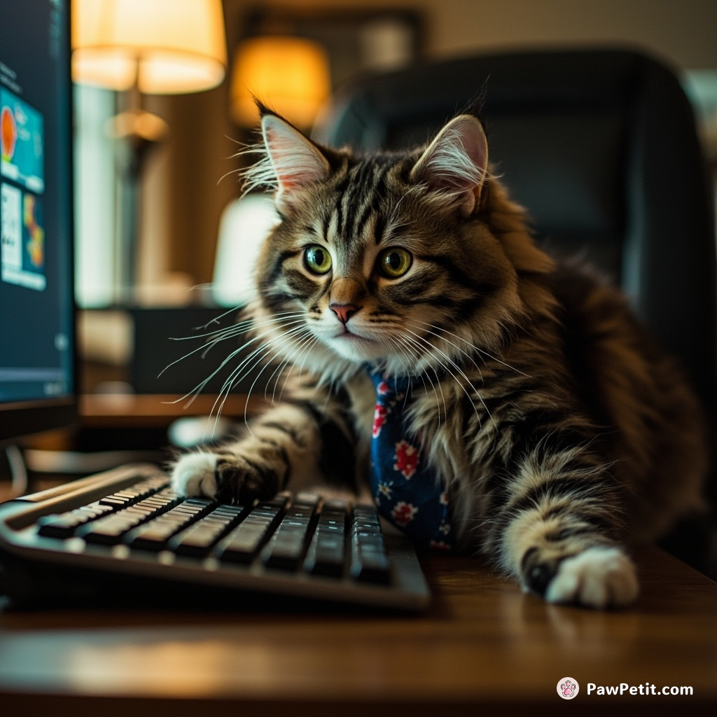 The cat donned a necktie, attempting to 'go to work' like its human, by pawing incessantly at the computer keyboard.