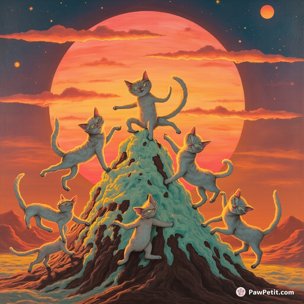 A dozen fluorescent cats performing a tribal dance while levitating above a mint chocolate chip ice cream mountain during a surreal Martian sunset.