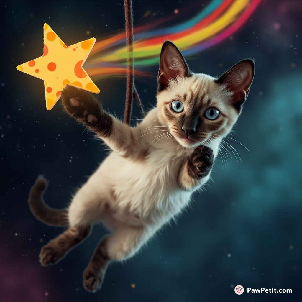 Space pirate cat, swinging from a rainbow colored shooting star with a piece of alien cheese.