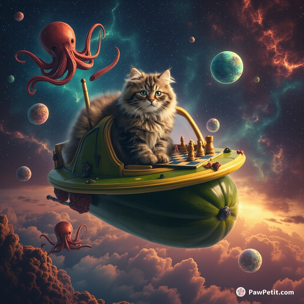 Cat riding a giant, zucchini-shaped spaceship in the multicolored cosmos, playing 4D chess with octopus aliens.
