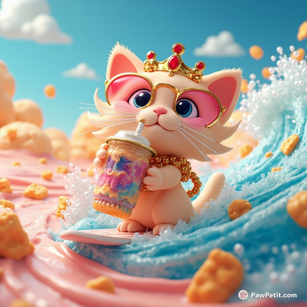 A royal cat sipping galaxy-flavored bubble tea while surfing a wave of nacho cheese in an ocean of peach jelly.