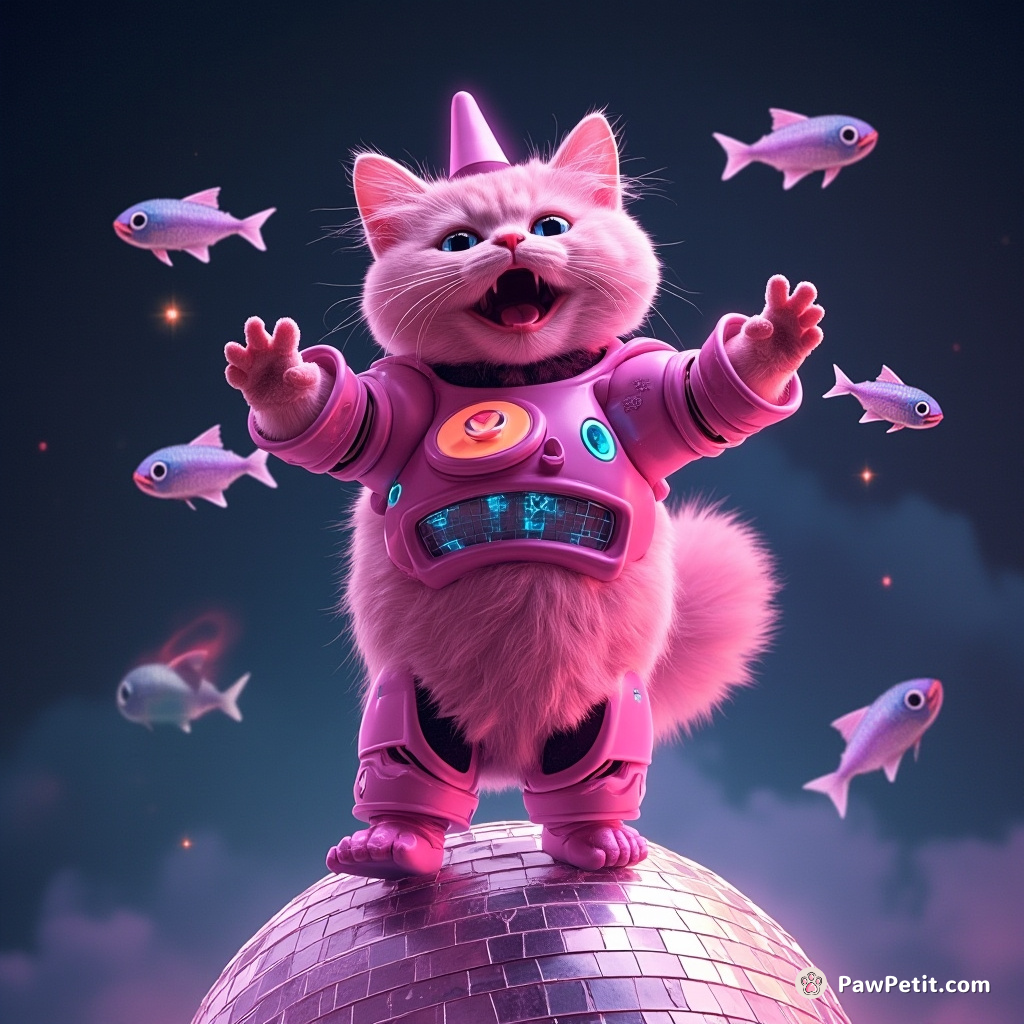 A neon-pink robot cat dancing on a disco-ball moon, surrounded by flying fish with tiny top hats.