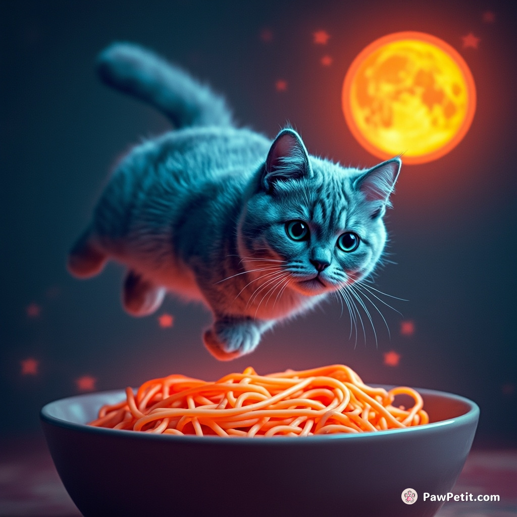 A neon blue cat skydiving counter-clockwise into a massive bowl of glowing spaghetti under a tangerine moon.