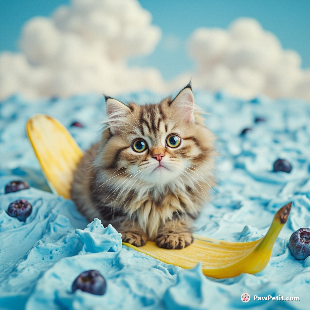 A cat windsurfing on a banana peel in a sea of blueberry yogurt under cotton candy clouds.