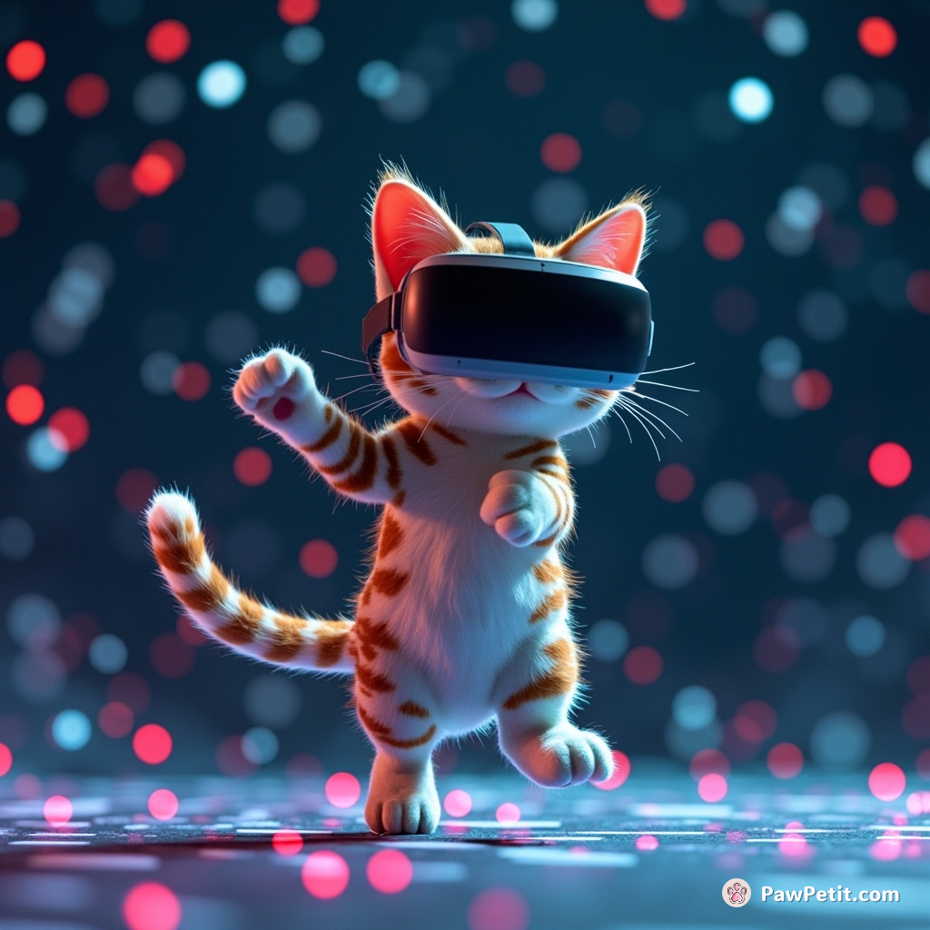 In the VR realm, the cat dances across binary constellations, weaving realities with every graceful pounce.