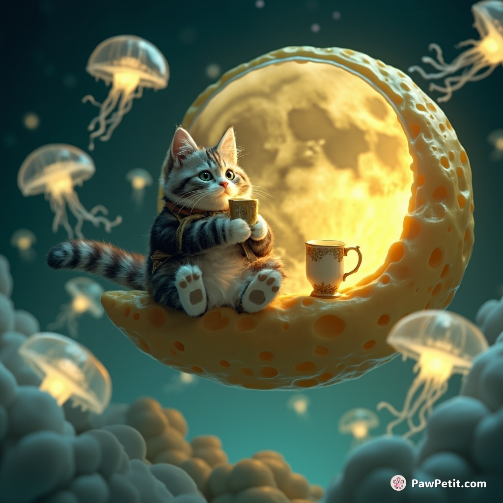 A Victorian-style cat sipping tea on a floating cheese moon with bioluminescent jellyfishes circling around, conveying supreme indifference.