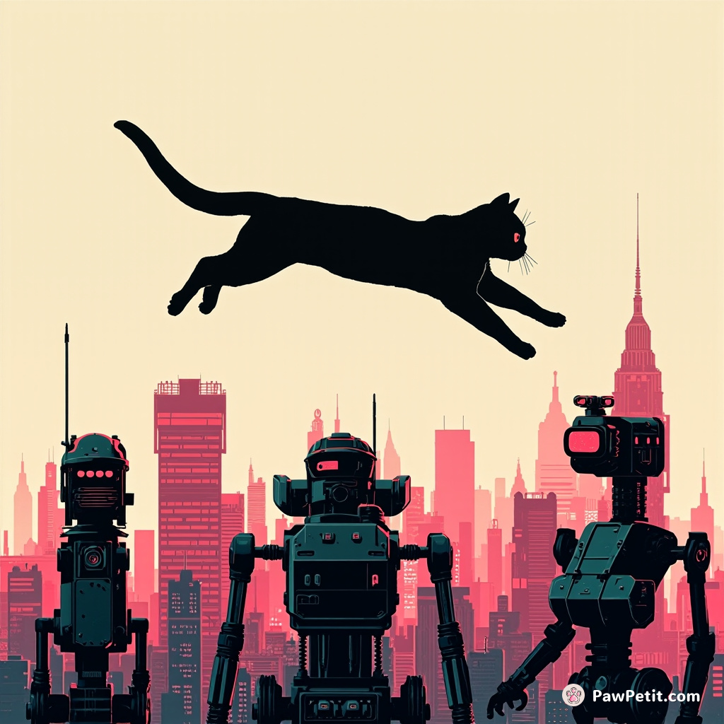 Silhouette of a cat gracefully vaulting over hovering robots, seamlessly blending into the neon chameleon buildings.