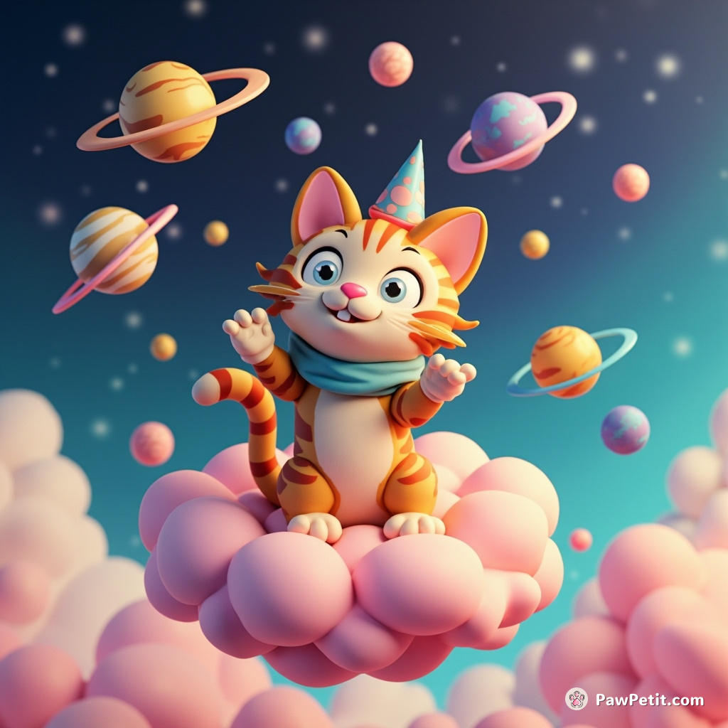 Cat juggling miniature planets in a cosmic circus, floating on an ice-cream cloud.