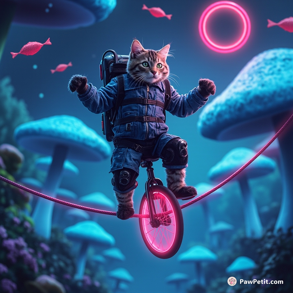 Cybernetic cat riding a unicycle on a tightrope through an alien blue mushroom forest while juggling fish-shaped asteroids.