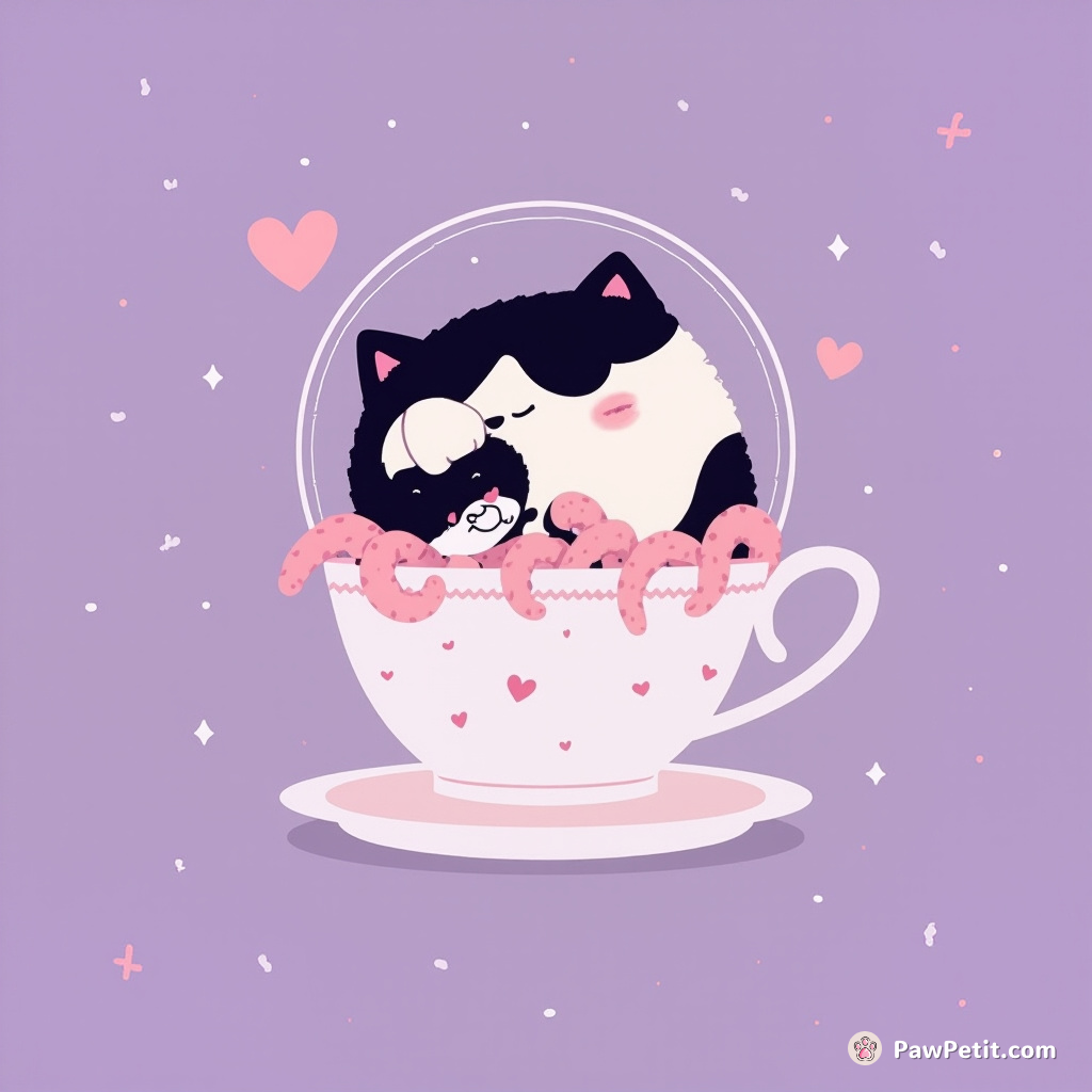 A poker-faced cat floating in lavender cosmos, sipping Valentine's tea from an antique teacup with pink tentacles playfully poking out of its astronaut helmet.