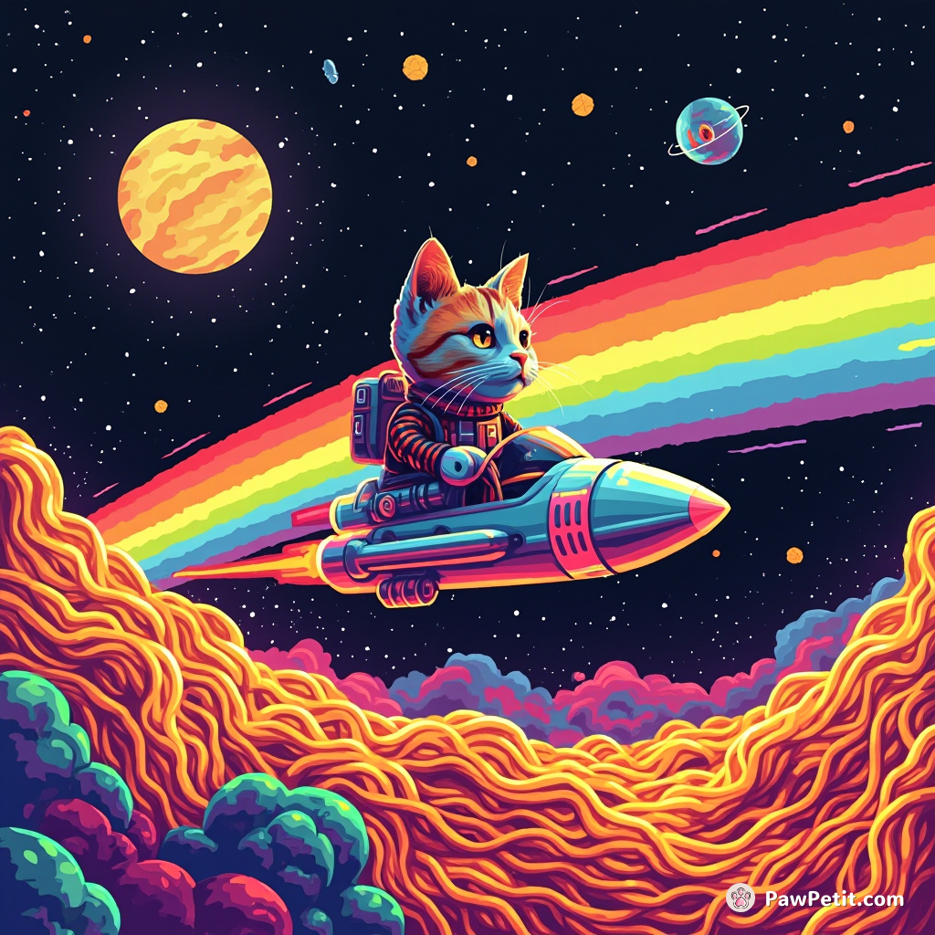 Cyborg cat piloting a rainbow spaceship in a zero-gravity spaghetti storm.