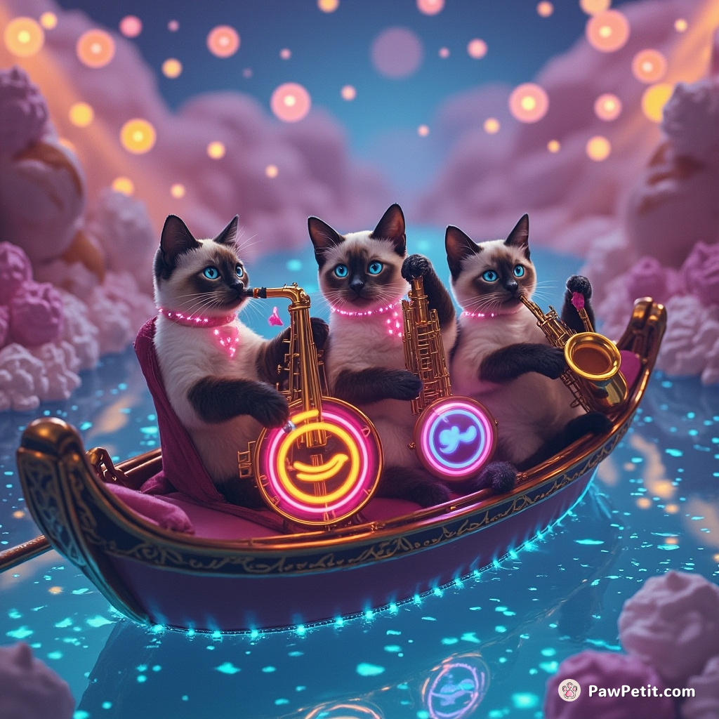 A trio of Siamese cats playing neon-lit jazz instruments on a gondola, floating through a sparkling marshmallow river in a marzipan candyland.