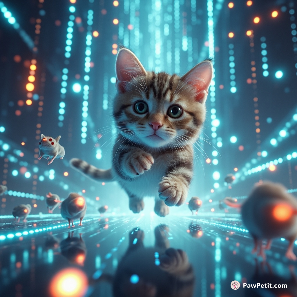 A cat teleports through shimmering digital landscapes, weaving between glowing data streams and pouncing on virtual mice.