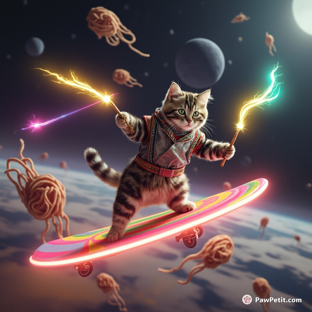 Cat throwing ninja stars at flying spaghetti monsters, while riding on a neon rainbow surfboard in space.