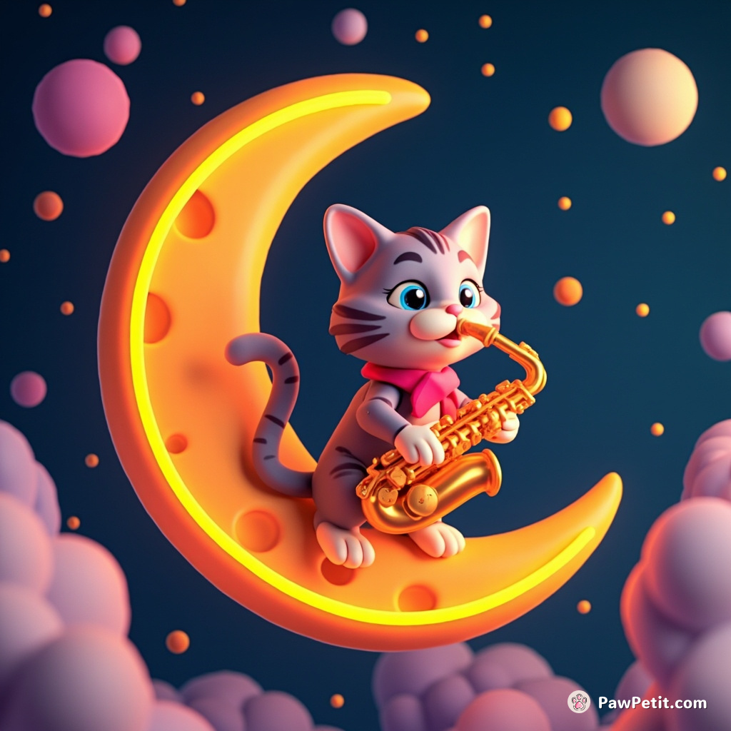 A tabby cat playing a neon saxophone on a floating cheese crescent moon in zero gravity.