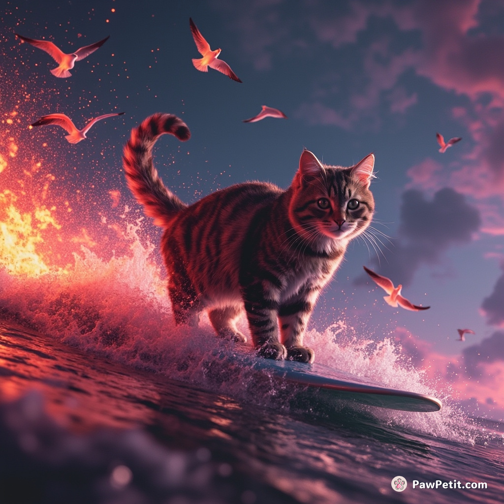 Cat on a surfboard, mid-wave, riding through an ocean of lava with flaming seagulls nearby.
