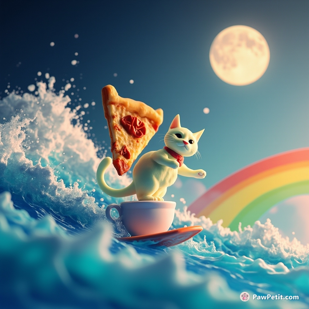 A translucent cat surfing on rainbow waves in a tea cup ocean under a pizza slice moon.