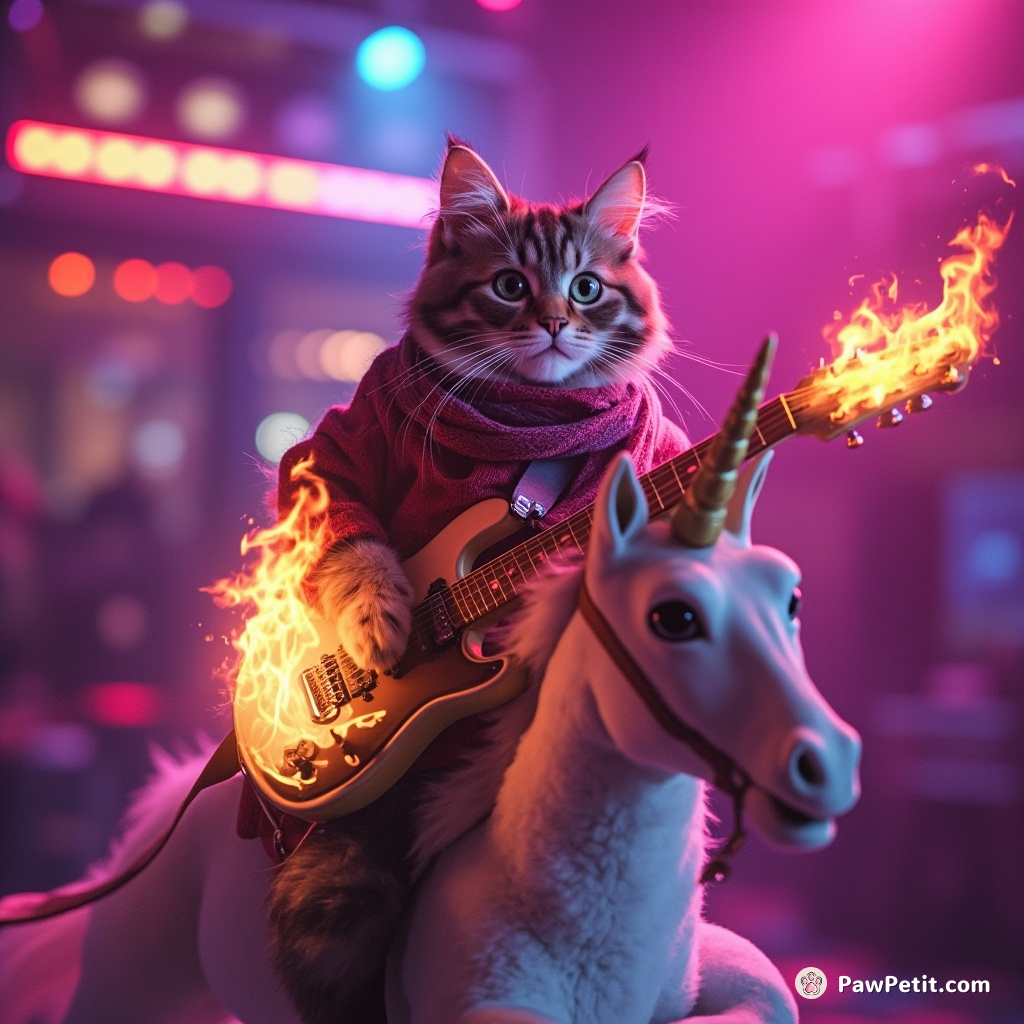 Cat playing a flaming rock guitar while riding a unicorn in a neon-colored disco.
