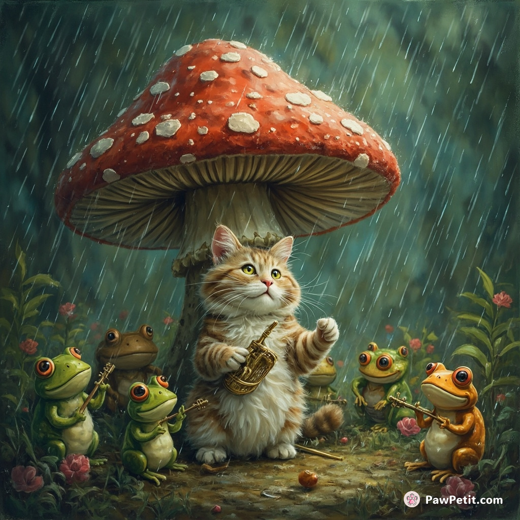 Cat conducting a frog orchestra under a mushroom cap in heavy rain.